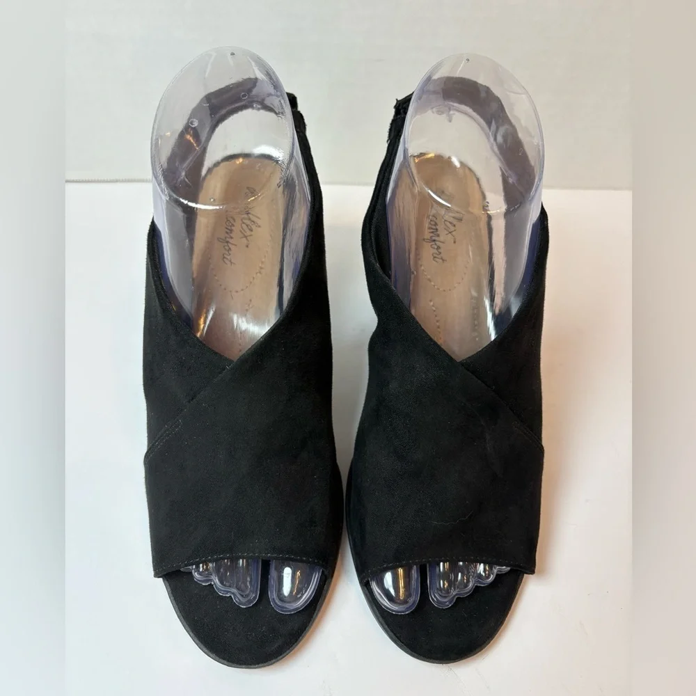 DexFlex Comfort black faux suede open toe slingback wedge heel sandals size 7